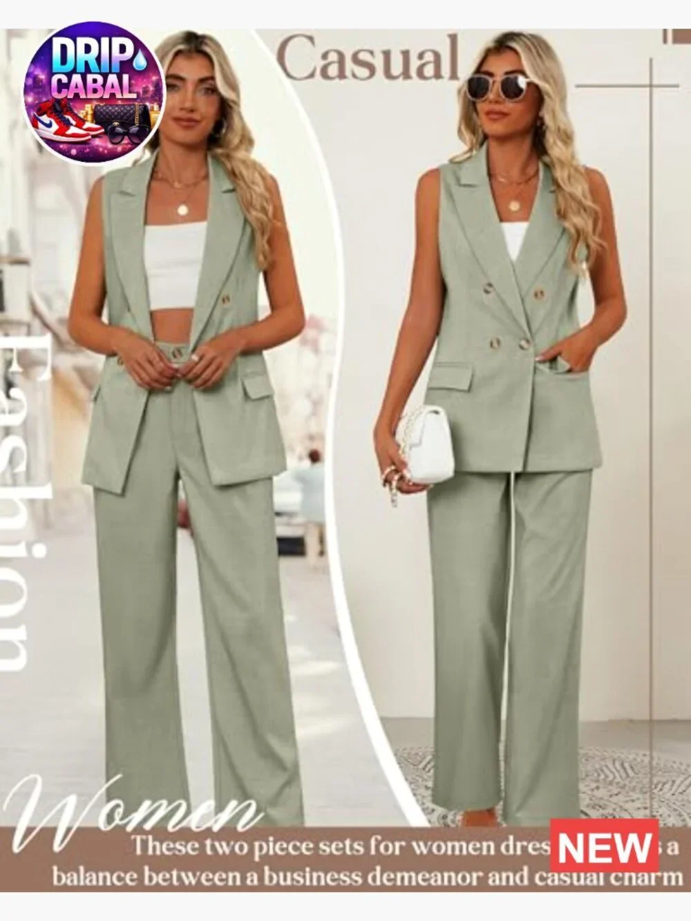 Women's 2 Piece Suit Set Blazer Vest Wide Leg Pants Matching Outfit